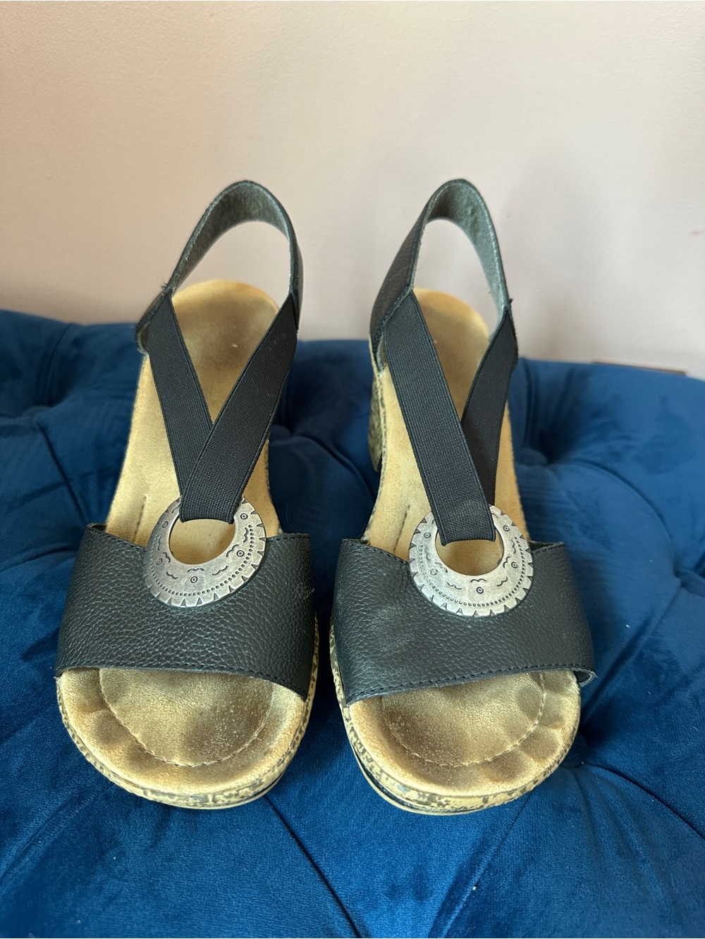 Rieker Women’s Black Elastic Slingback Wedge Sandals